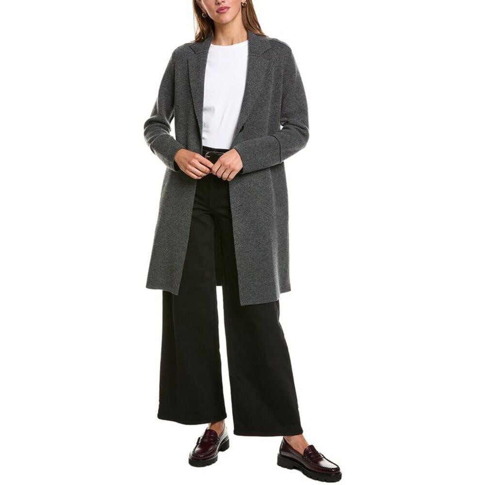 Forte Cashmere Womens Double Knit Notch Collar 100% Cashmere Cardigan, Gray